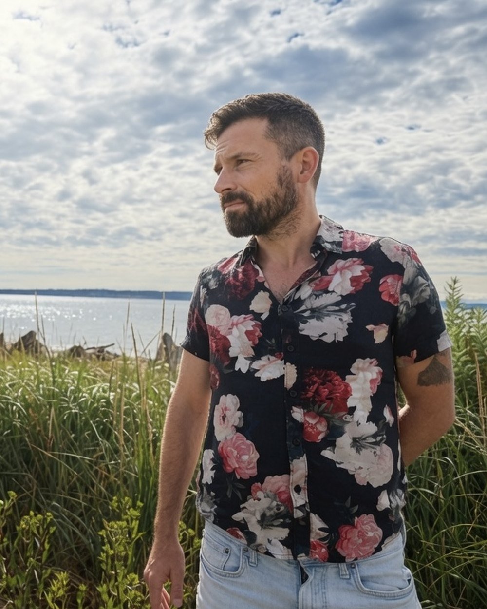 Craig Becker on the shoreline grass at golden hour